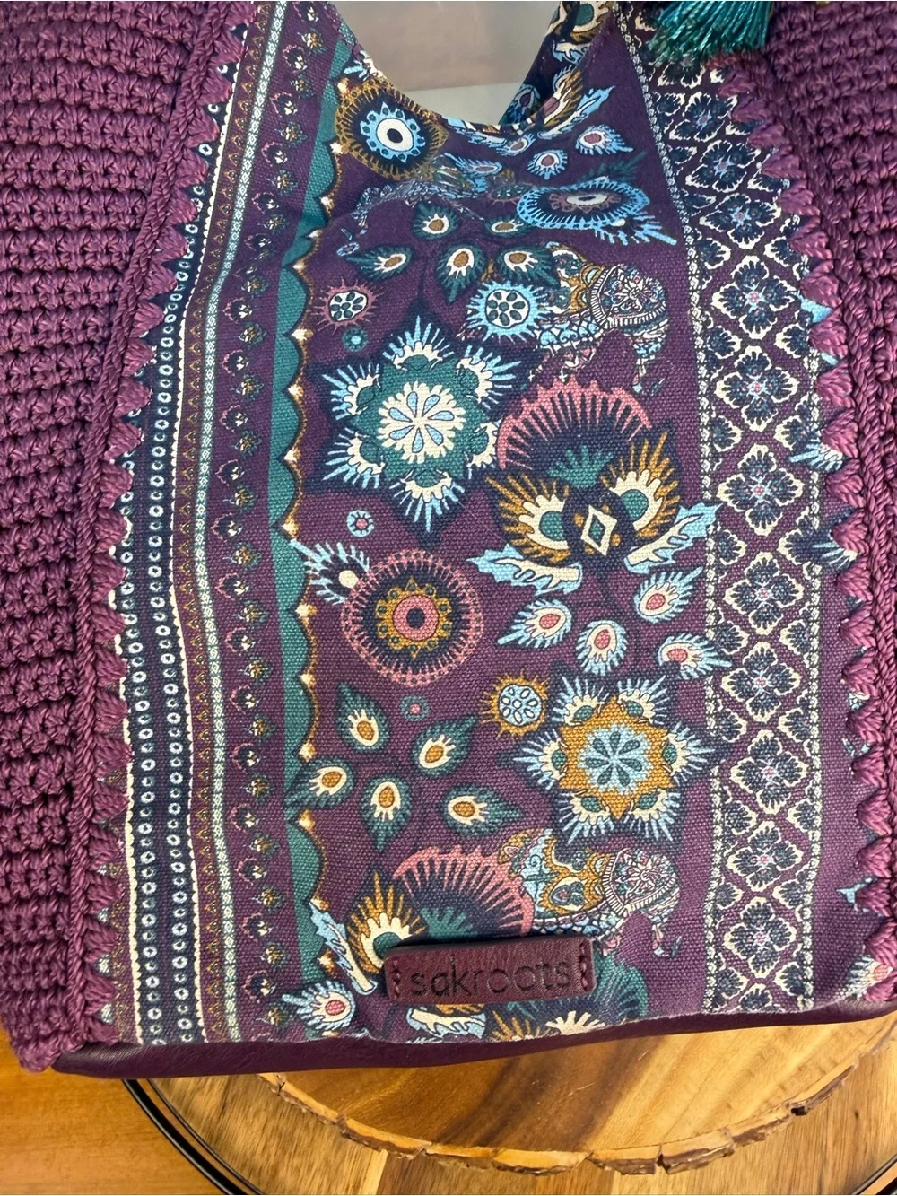 Purple Crochet Tote Bag with Embroidered Panel